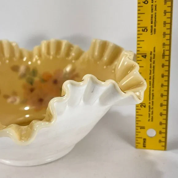 VTG Fenton Honey Amber Floral Butterfly 7224 Brides Bowl 10" Ruffled Edge 80's